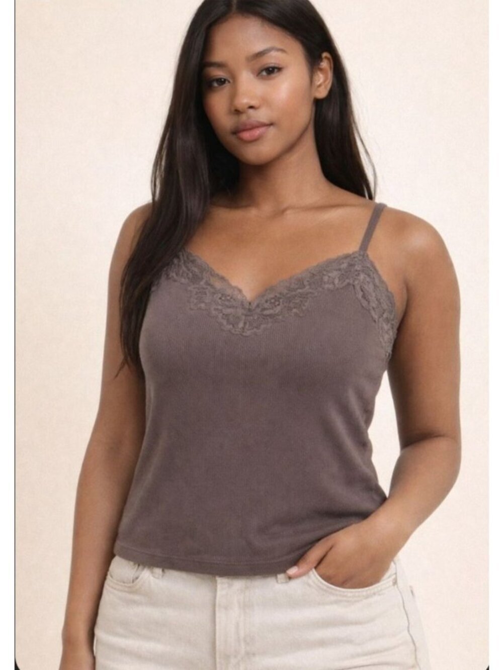 Apostrophe Y2K Lace Cami Balletcore Stretch Knit Mocha Brown Size Large Petite
